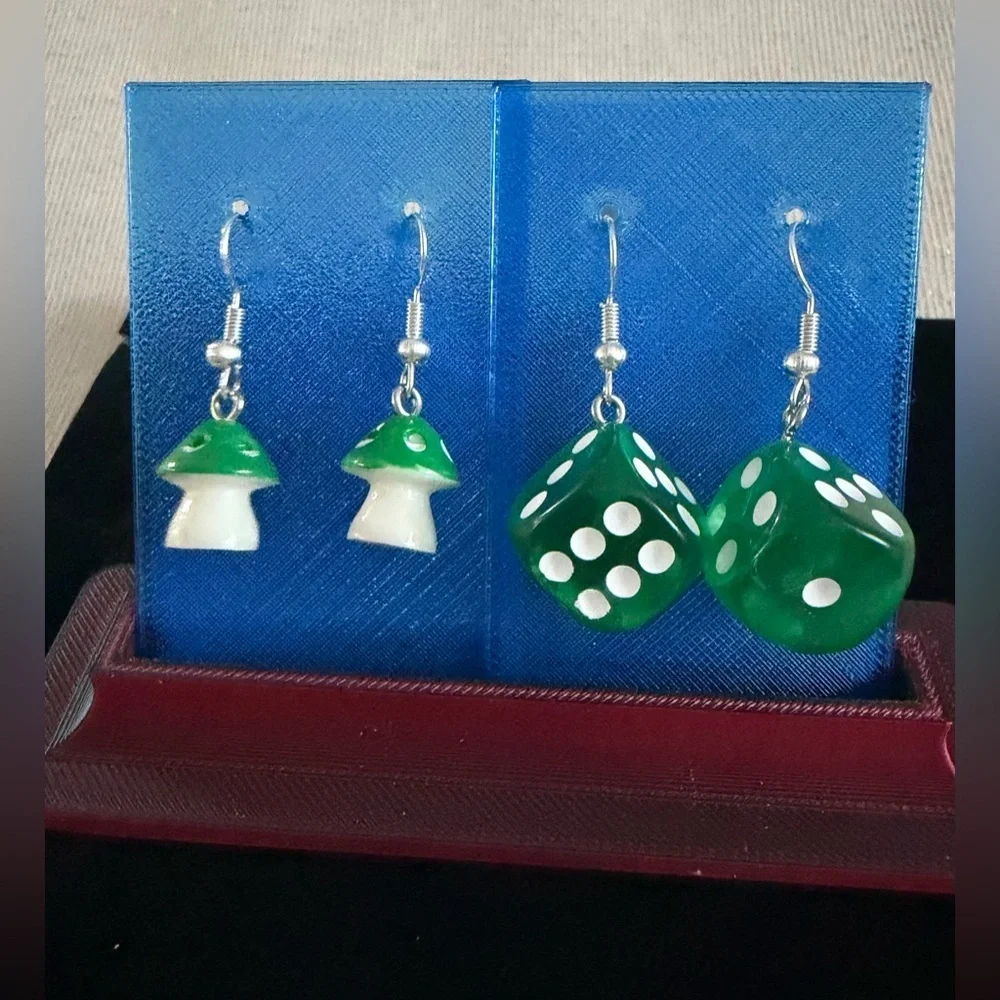 Green Mushroom and Dice Resin Earrings - Cute Pair